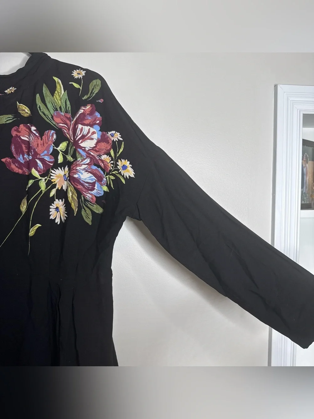 Free People Gemma Tunic Mini Dress Black Floral High Neck Open Back Tie Large